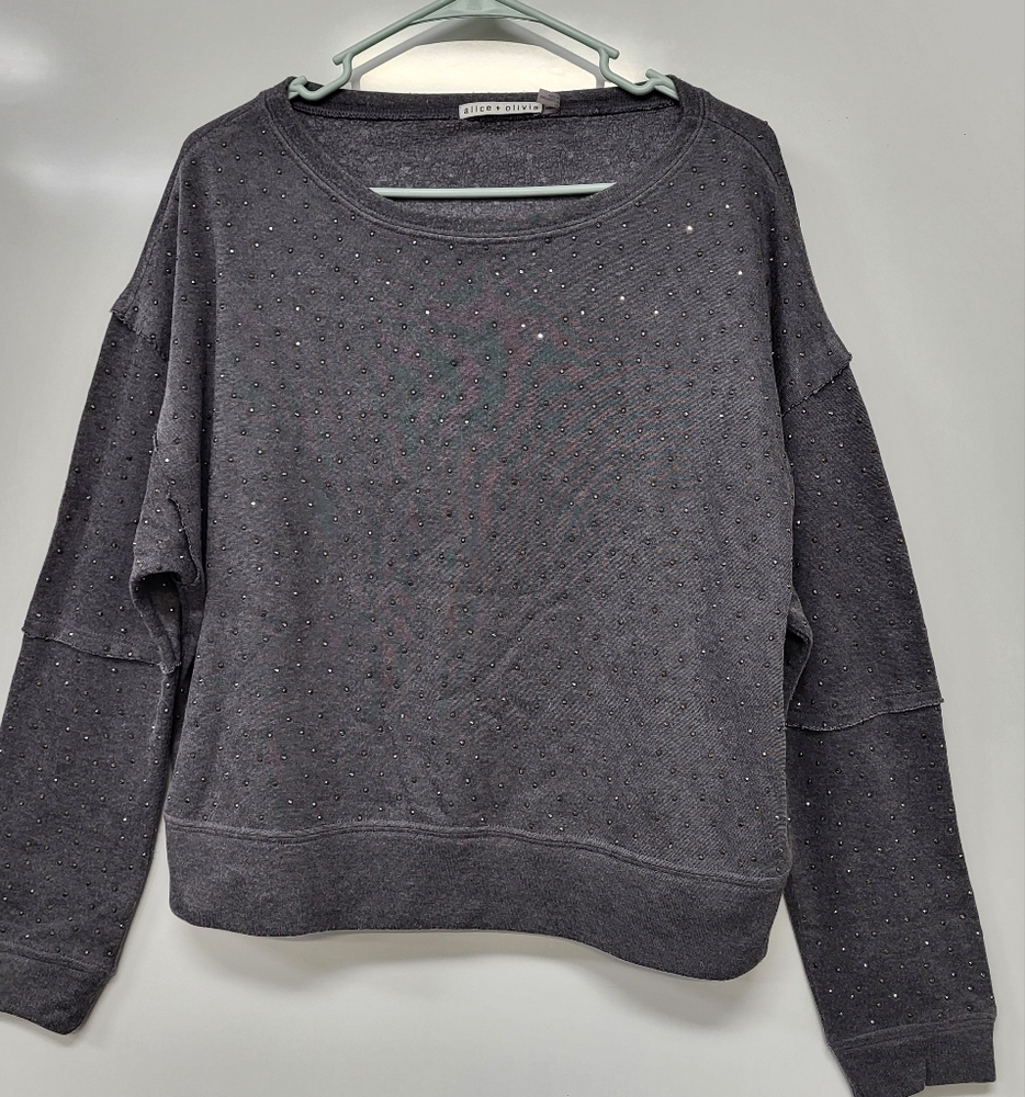 Alice Olivia Starlit Size L Gray Rhinestone Crew Neck Pullover Sweater EUC